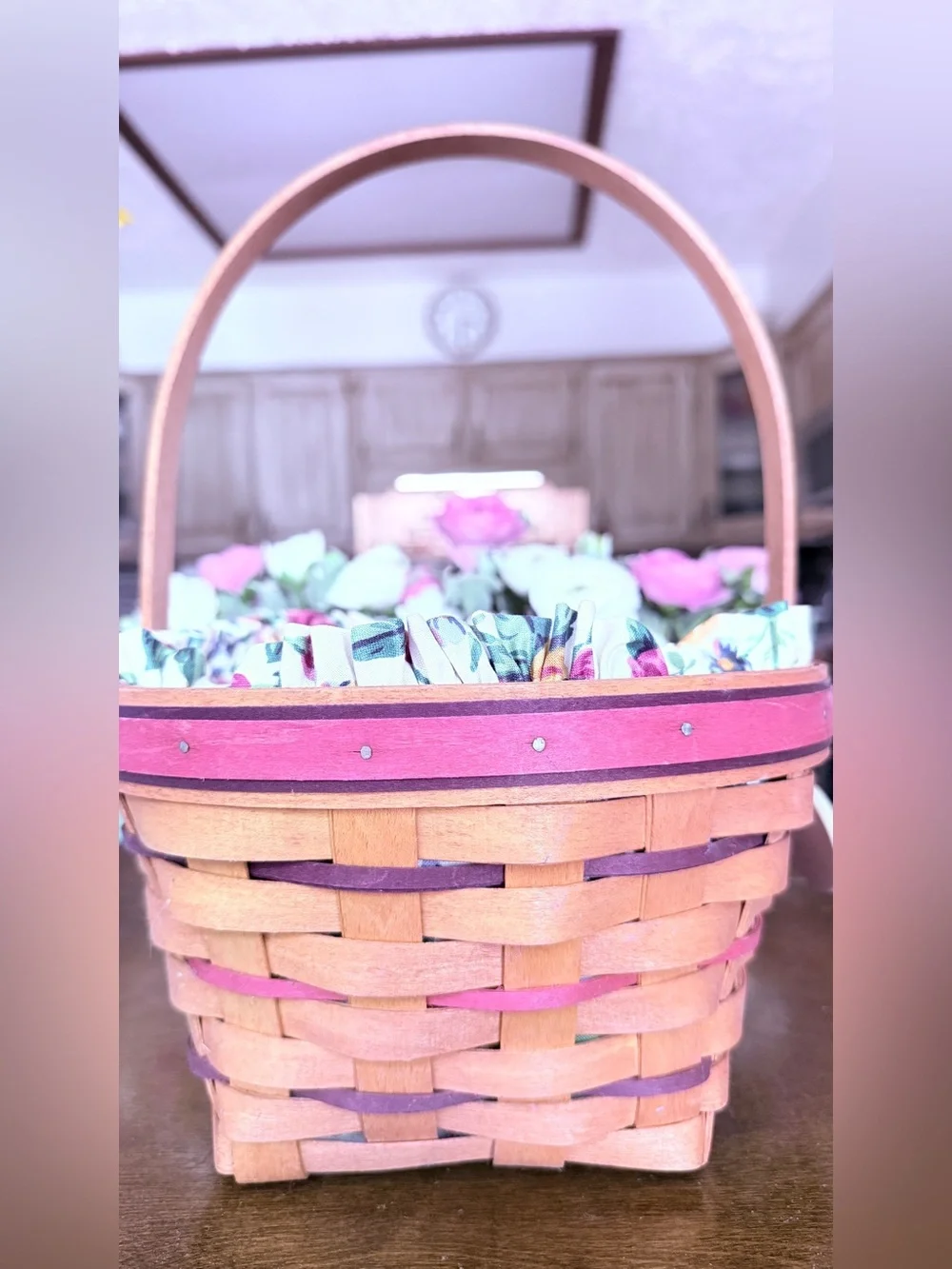 Vintage 1995 Longaberger Easter Basket with Floral Liner and Ceramic Charm
